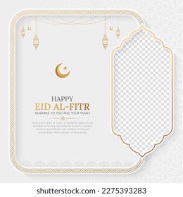 Eid Mubarak Golden Luxury Islamic Social Media Post with Arabic Style Pattern and Photo Frame