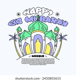 Eid mubarak graphic mosque hand drawn vector illustration, good for wall, element, merchandise design