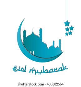 Eid Mubarak with Green Mosque and Star Design illustration