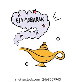 Eid mubarak saludo con lámpara de aladdin, doodle icono de lámpara de aladdin