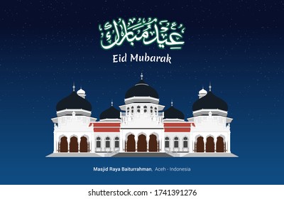 Eid Mubarak greeting with Arabic calligraphy and Baiturrahman Grand Mosque, Banda Aceh, Indonesia. svg