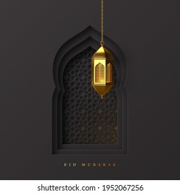 Eid Mubarak greeting background. 3d paper cut arabic window decorated pattern in traditional islamic style with golden lantern. Design for greeting card, banner or poster. Vector illustration.