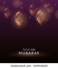 Eid Mubarak. greeting background. Card design template. Ramadan Kareem. Eid Al-Adha. luminous lanterns. Persian motiff. Arabic symbols.