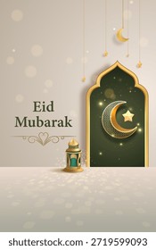 Fondo de saludo de Eid Mubarak con luna creciente, linterna y elegante diseño de arco islámico. Ilustración vectorial de diseño de póster Eid Mubarak 