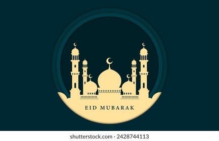 Eid Mubarak greeting background design with mosque illustration. Vector