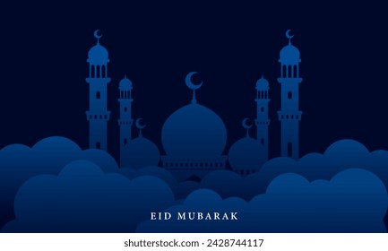 Diseño de fondo de saludo de Eid Mubarak con ilustración de mezquita. Vector