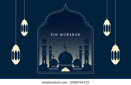 Eid Mubarak greeting background design with mosque illustration. Vector