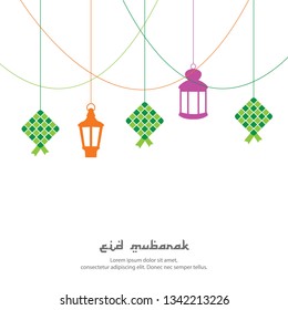 Eid Mubarak greeting background with Ketupat(Indonesian food) and lanterns