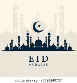 Eid Mubarak greeting background with mosque illustration. Flat Eid al Fitr design. Vector