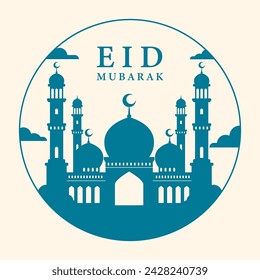 Eid Mubarak saludo de fondo con ilustración de mezquita. Plano diseño Eid al Fitr. Vector