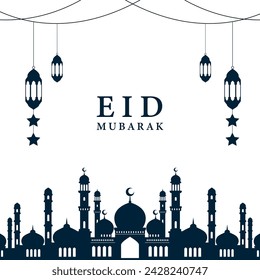 Eid Mubarak Grußhintergrund mit Moschee Illustration. Flaches Eid al Fitr Design. Vektor