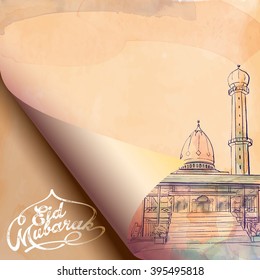 Eid Mubarak greeting background mosque sketch on folding paper - Translation of text : Eid Mubarak - Blessed festival
