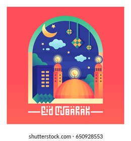 Eid Mubarak greeting background with mosque ramadhan poster illustration