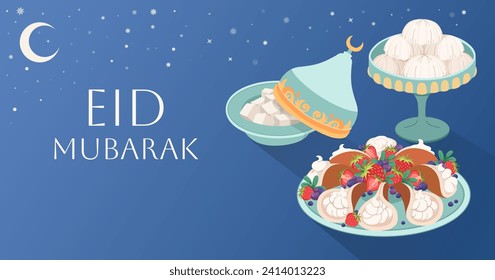 Cartel de bienvenida de Eid Mubarak. Fondo festivo con dulces árabes y té. Cocina tradicional para las vacaciones de Eid al Fitr. Crepes, delicia turca. Bollería dulce con crema. Ilustración plana vectorial.