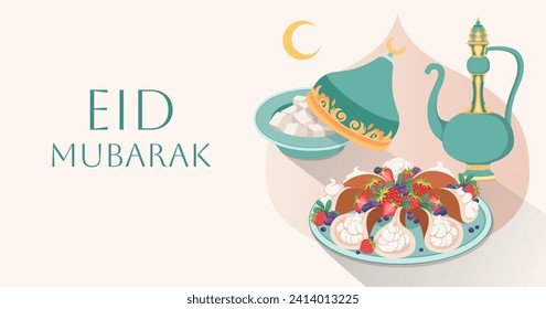 Cartel de bienvenida de Eid Mubarak. Fondo festivo con dulces árabes y té. Cocina tradicional para las vacaciones de Eid al Fitr. Crepes, delicia turca. Bollería dulce con crema. Ilustración plana vectorial.