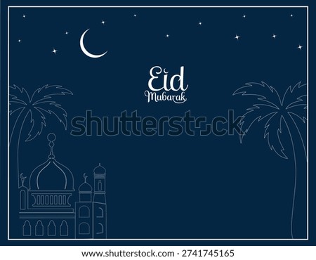 Eid Mubarak Greeting Banner with Mosque Line Art and Palm Trees