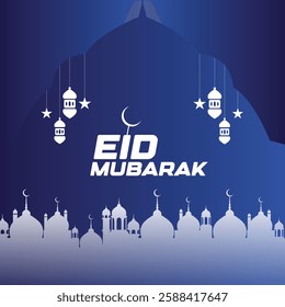 Eid Mubarak greeting blue gradient background with white islamic crescent moon and mosque