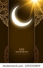 eid mubarak greeting brown card with glowing crescent vector