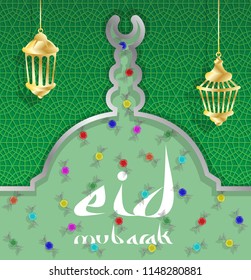 Eid mubarak greeting with candies and lanterns on mosque dome. All the objects are in different layers and the text types do not need any font. 