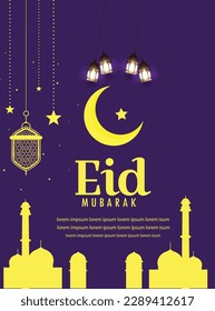 Eid mubarak greeting card with the Arabic calligraphy means Happy eid and Translation from arabic: may Allah always give us goodness throughout the year and forever
