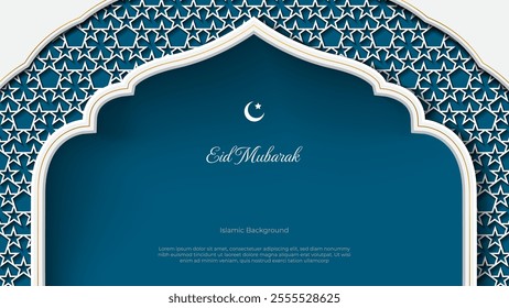 eid mubarak greeting card. arabic islamic background with white and blue color