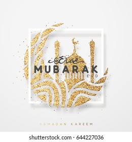 Eid Mubarak greeting card with arabic calligraphy Ramadan Kareem. Islamic background half a month with mosques