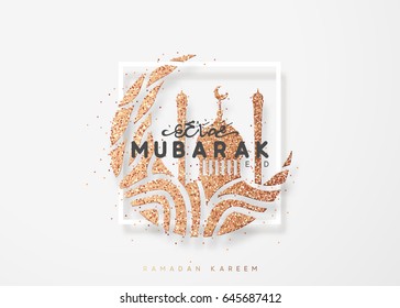 Eid Mubarak greeting card with arabic calligraphy Ramadan Kareem. Islamic background half a month with mosques