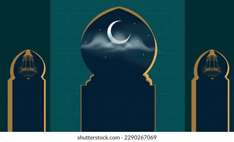 Eid Mubarak greeting card with arch shaped design and Crescent Moon. Eid Mubarak Banner Template, Social Media Template
