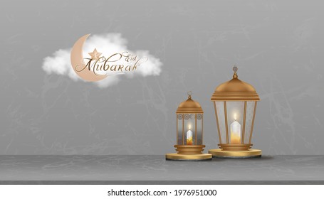 Eid Mubarak greeting card background with Crescent Moon, Star and Traditional islamic lantern on Podium.Vector Backdrop of Religions of Muslim Symbolic for Ramadan Kareem,Aid el fitre and el adha 