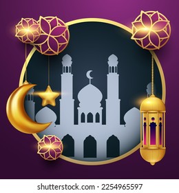 Fondo de la tarjeta de saludo Eid mubarak con ilustración vectorial de ornamento islámico