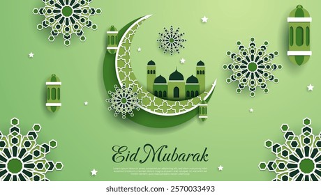eid mubarak greeting card background with 3d paper cut design. islamic vector illustration