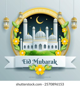 eid mubarak greeting card background with white and gold 3d ornament