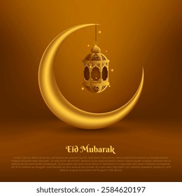 eid mubarak greeting card background with golden 3d crescent and lantern. islamic vector design.