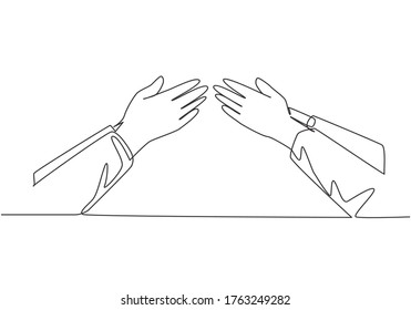 Eid Mubarak greeting card, banner and poster design background. Single continuous line drawing of two muslim people handshaking to forgive each other, Eid Al Fitr. One line draw vector illustration