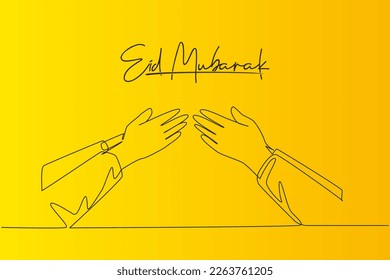 Eid Mubarak greeting card, banner and poster design background. Single continuous line drawing of two muslim people handshaking to forgive each other, Eid Al Fitr. One line draw vector illustration