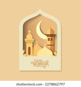 Eid mubarak greeting card, banner and flyer. Islamic beautiful design template in paper cut style vector illustration