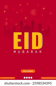 Eid Mubarak Greeting Card, Banner Template promoting festive offers, social media posts, printed cards, email newsletters, or promotional flyers with beautiful crescent moon, lanterns and background