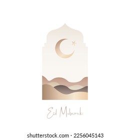 Eid Mubarak greeting card. Bohemian style wall decor. Desert and crescent moon in Arabic arch. Religious holiday. 