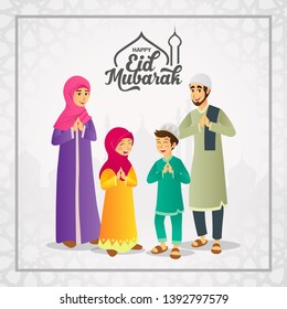 Eid mubarak greeting card. Cartoon muslim family celebrating Eid al fitr with mosque as background. Vector illustration for Eid greeting card, banner and poster.