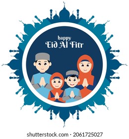 Eid mubarak greeting card with cartoon illustration of muslims character