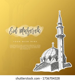 Eid Mubarak greeting card concept. Detailed sketch of a mosque and sample text on gradient background.