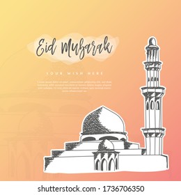 Eid Mubarak greeting card concept. Detailed sketch of a mosque and sample text on gradient background.