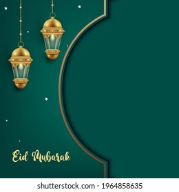 eid mubarak greeting card concept. islamic poster template with realistic lantern. 