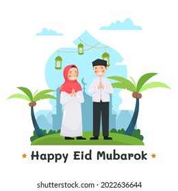 Eid mubarak greeting card with couple muslim characters and mosque as background vector illustration for celebrating Eid al fitr, Selamat hari raya Idul Fitri is another language of happy eid mubarak
