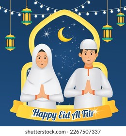 Eid mubarak greeting card with couple muslim characters and mosque as background vector illustration for celebrating Eid al fitr, Selamat hari raya Idul Fitri is another language of happy eid mubarak