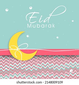 Eid Mubarak Greeting Card With Crescent Moon And Wavy Pattern On Pastel Turquoise Background.