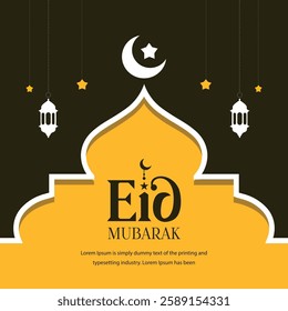 Eid Mubarak Greeting Card with Crescent Moon and Lanterns