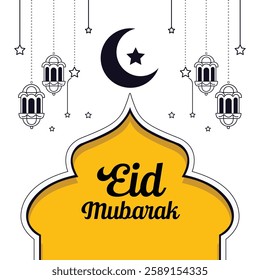 Eid Mubarak Greeting Card with Crescent Moon and Lanterns