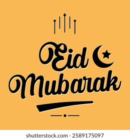 Eid Mubarak Greeting Card with Crescent Moon and Star on Yellow Background