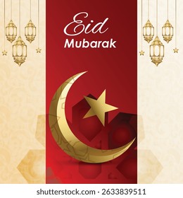 Eid Mubarak Greeting Card with Crescent Moon and Lanterns. Islamic celebration banner.
social media banner, poster, and cultural event designs related to Eid al-Fitr or Eid al-Adha.